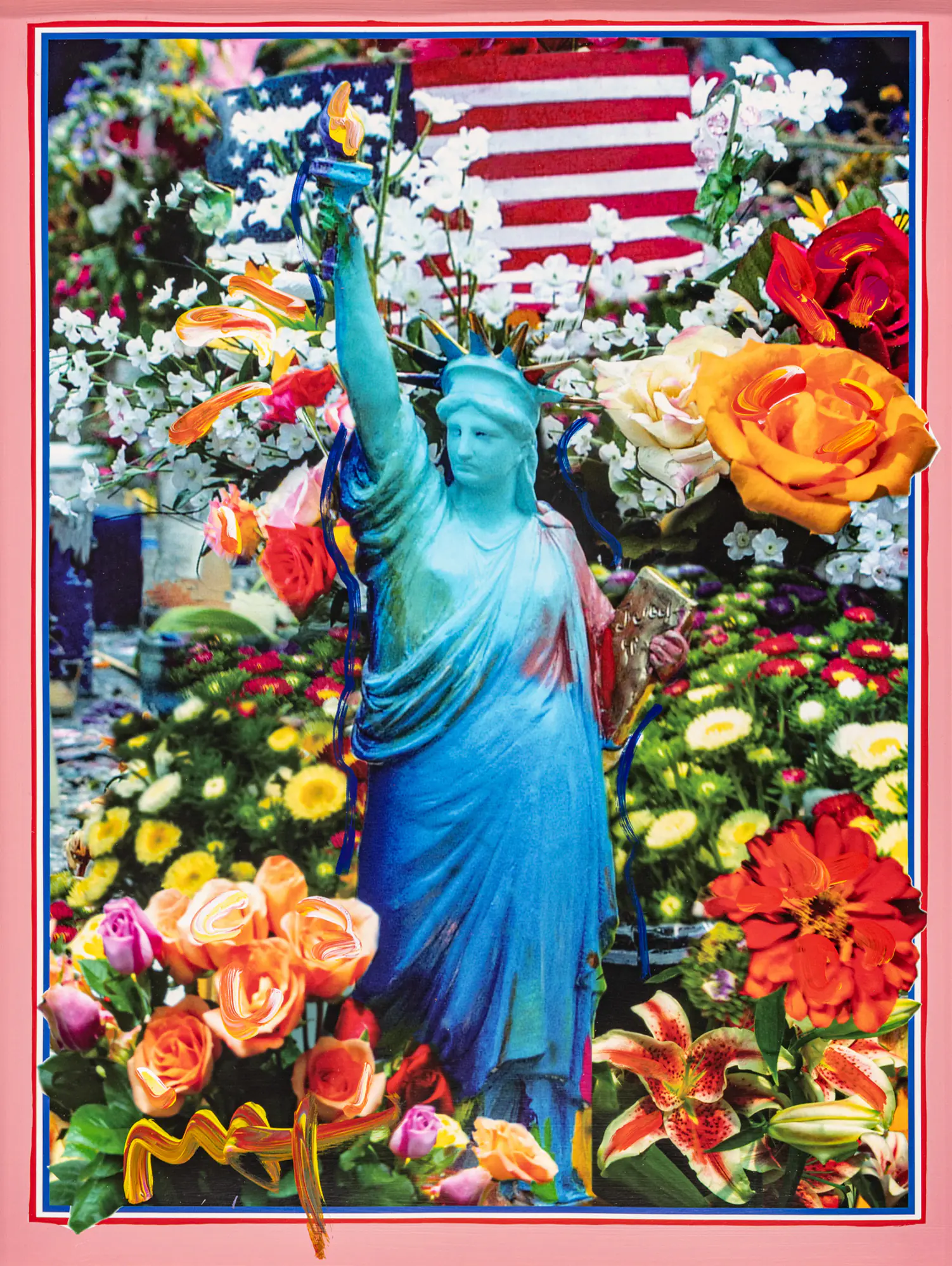 Blue-tinted Statue of Liberty surrounded by colorful flowers with an American flag in the background.