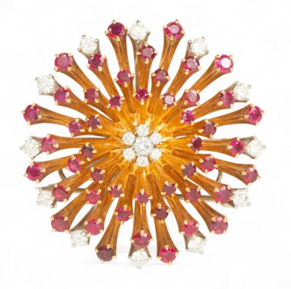 14K Gold, Rubies, Diamonds Brooch 1950 Dia. 1.7" 46g