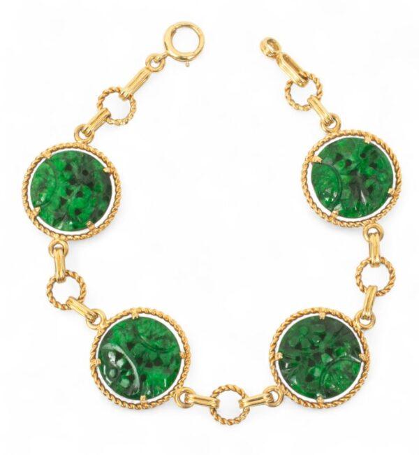Chinese Jade And 14K Gold Link Bracelet L 6" 14g