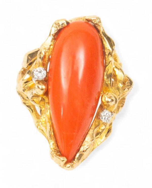 Coral And 14K Gold Ring, Size 9 1 PC
