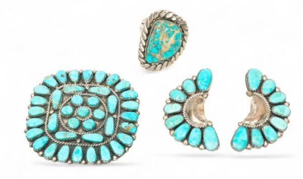 Navajo Turquoise And Silver Brooch, Earrings, Ring 44g 4 PCS