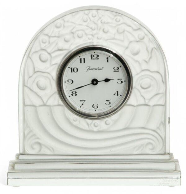 Baccarat (French, Est. 1764) Crystal 'Basket of Abundance' Desk Clock H 6.5" W 6.3"