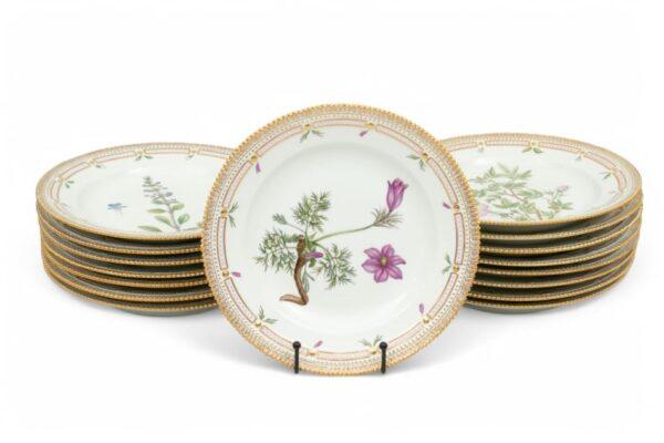 Royal Copenhagen (Danish) Flora Danica Painted Porcelain Dinner Plates Dia. 10" 16 PCS