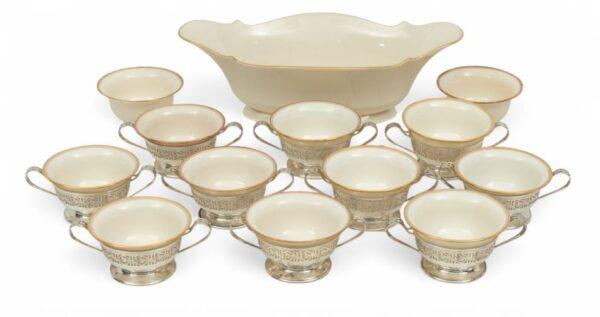 Lenox (American) Gilded Porcelain Bouillon Soup Bowls with Sterling Silver Frames H 2" Dia. 4.3" 23 PCS