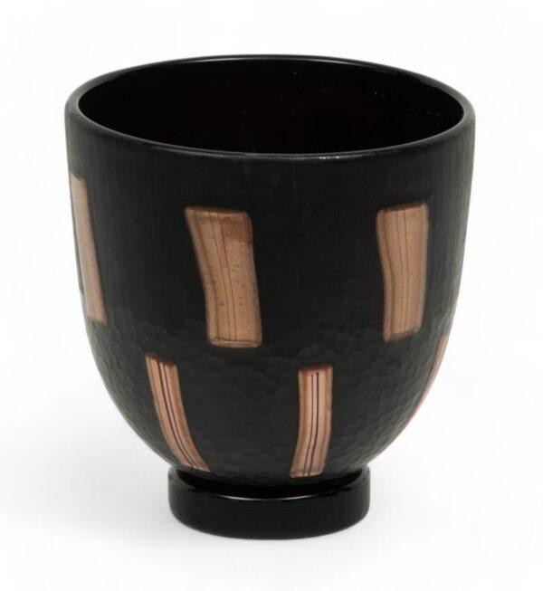 Massimiliano Pagnin (Italian, 20th C.) Black Glass with Battuto & Metallic Footed Vase, H 5.5" Dia. 5" H 5.5" Dia. 5"
