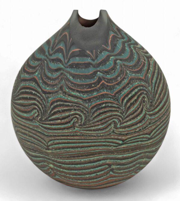 Bill Poceta (American, Michigan, 20th/21st C.) Blown Glass Blue & Black Swirl Vase H 7.8" W 6.5" Depth 3"