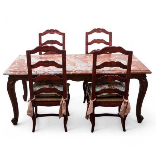Country French Marble Top Dining Table & Four Chairs H 30" W 71" Depth 35.5" 5 PCS