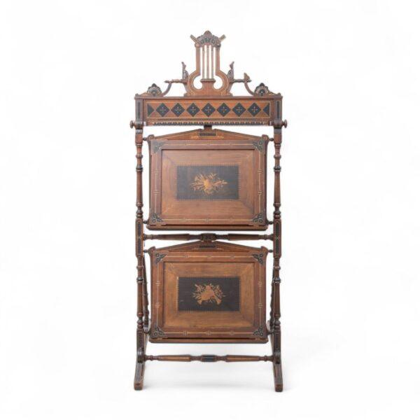 Eastlake Era Carved Walnut with Marquetry Sheet Music Stand, Ca. 1880 H 65" W 29" Depth 24"