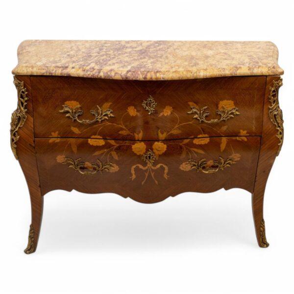 Louis XV Style Marquetry Inlaid Kingwood Marble Top Commode, Ca. 1900 H 33" W 47" Depth 20"