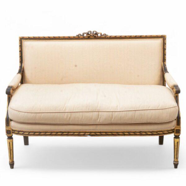 French Louis XVI Directoire Style Gilt & Upholstered Settee H 37" W 51" Depth 26"