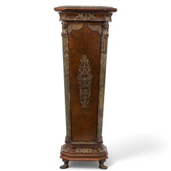 French Empire Style Burlwood Veneer, Marble Pedestal, 19th.c. H 51.5" W 20" Depth 20"