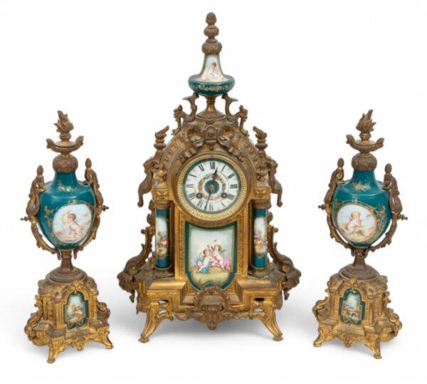 French Rococo Style Gilt Metal & Porcelain Garniture Set, Ca. 1930 H 20" W 11.5" Depth 5" 3 PCS