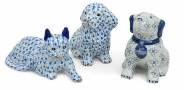 Maitland-Smith (British) Cobalt Blue Porcelain Dog & Cat Figurines H 7.5" W 4" Depth 7" 3 PCS
