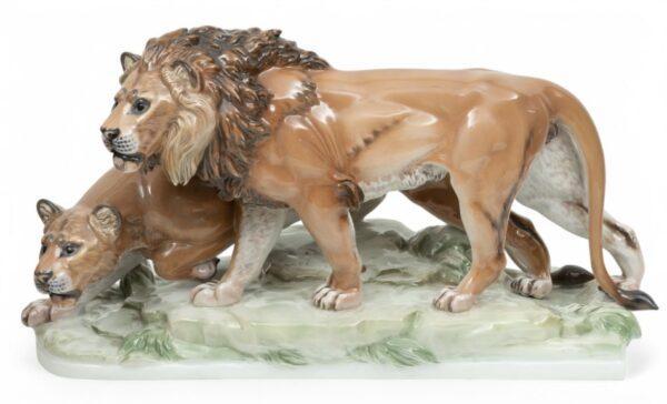 Herman Fritz for Rosenthal , 1873-48 Porcelain Plateau Group 1930, 'Lion And Lioness' H 12" W 8" L 21"