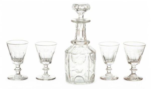 White Star Line Cut Crystal Port Decanter And Four Glasses, Ca. 1900-1915 H 9.5" Dia. 5"