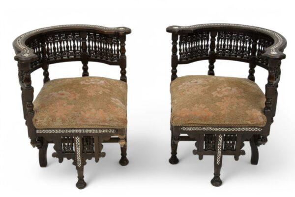 Syrian Damascus Ebonized Wood, Bone And Mother of Pearl Corner Chairs, Ca. 1890-1910 H 30" W 21" Depth 21" 1 PAIR