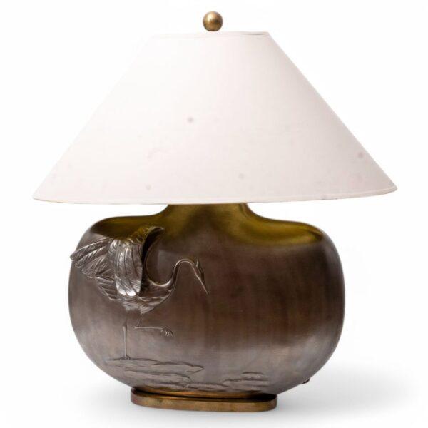 Metal Table Lamp with Crane, High Relief H 22" W 13"