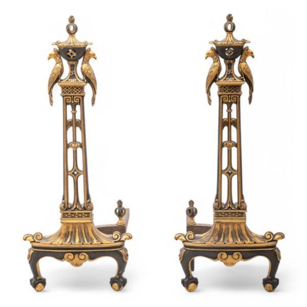 Chinoiserie Parcel Gilt Bronze & Iron Andirons H 27" W 10" Depth 13" 1 PAIR