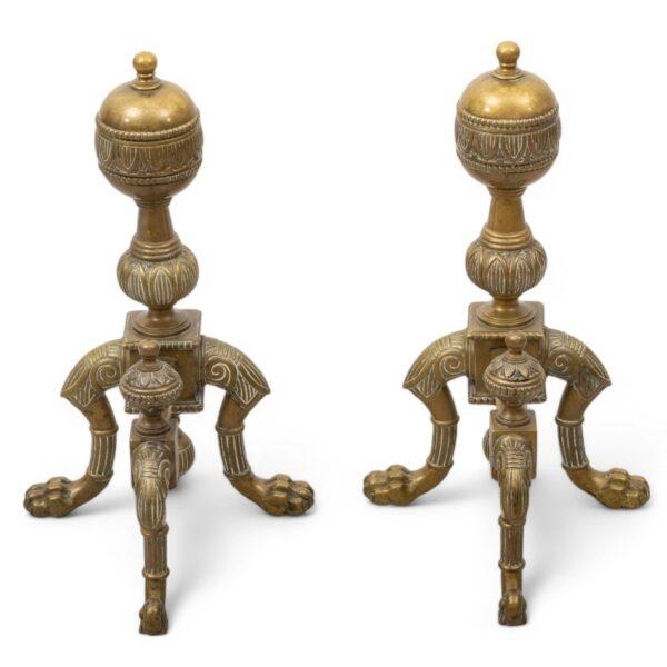 Bronze Andirons, Paw Feet, Orb Finials, Ca. 1900 H 19" W 11"