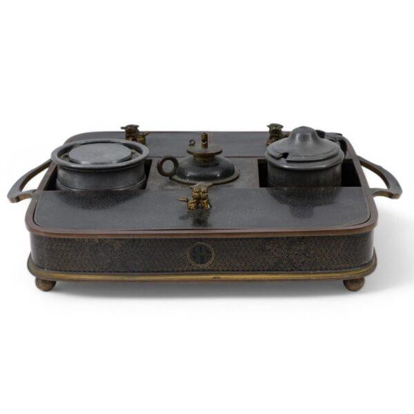 Chinese Bronze & Pewter Cloisonne Tea Tray, Ca. 1900 H 3.5" W 13" Depth 10.8"