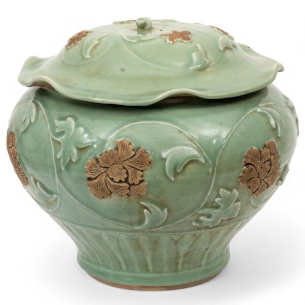 Chinese Porcelain Longquan Jar with Cover H 12" Dia. 14"