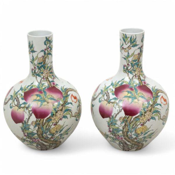 Chinese Famille Rose Large Bottle Neck Vases, Peach Blossom H 22" Dia. 14" 1 PAIR