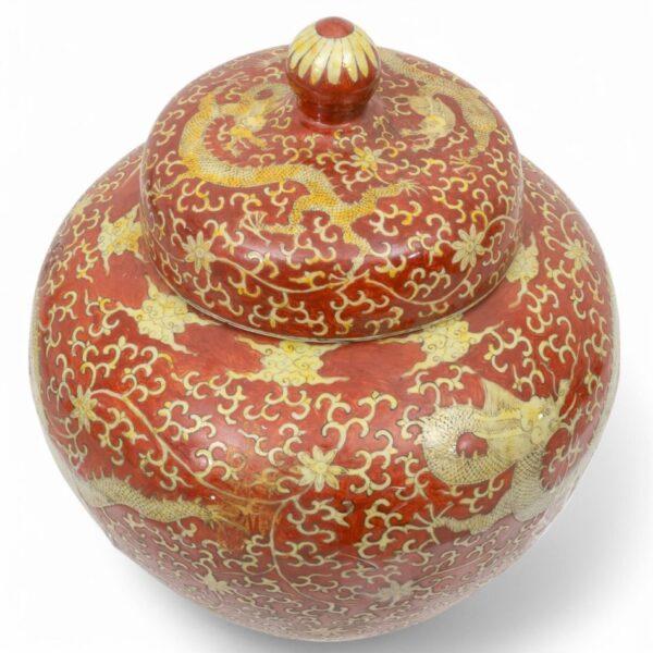 Chinese Porcelain Red And Yellow Covered Dragon Jar H 18" Dia. 16"