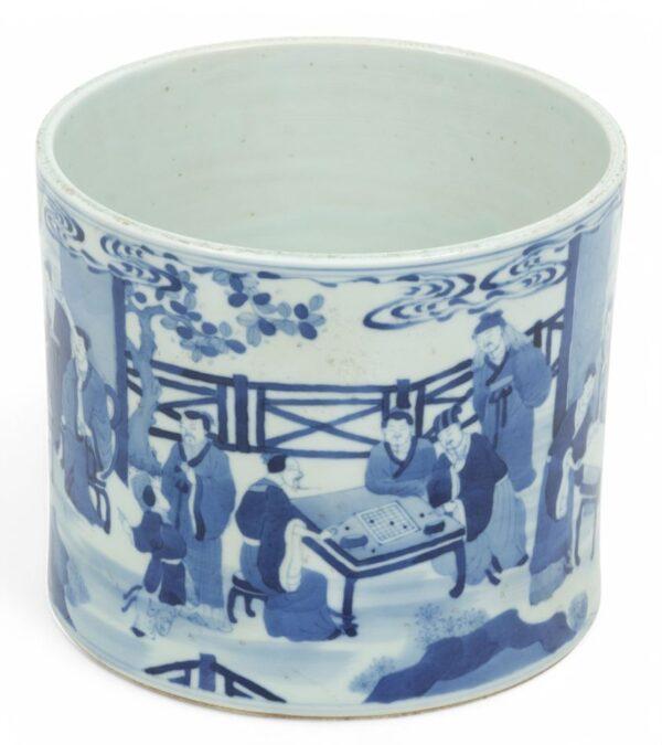 Chinese Porcelain Blue on White Brush Pot H 6.5" Dia. 8"