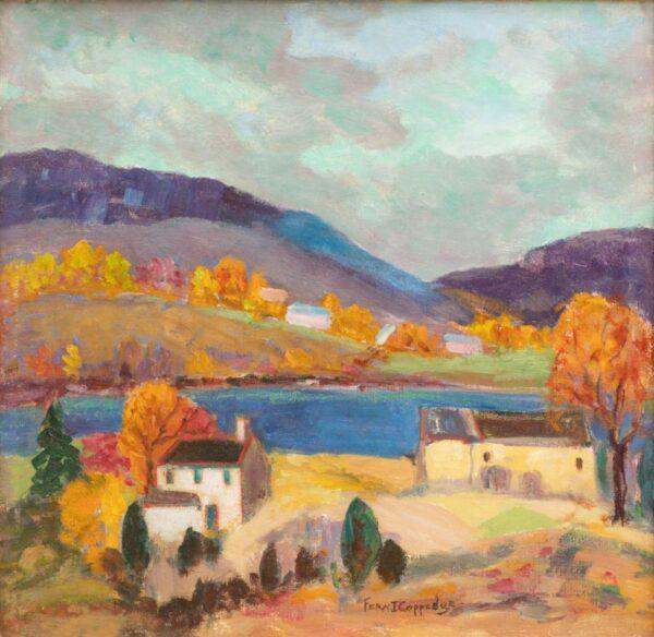 Fern Isabel Coppedge (American, 1883-1951) Oil on Canvasboard, 'Autumn on the Delaware' H 12" W 12"