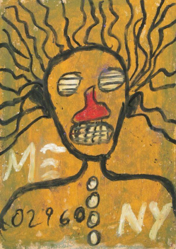 Jean-Michel Basquiat (American, 1960-1988) Acrylic, Oil And Organic Pigment on Postcard, 1982, Untitled H 7" W 5"