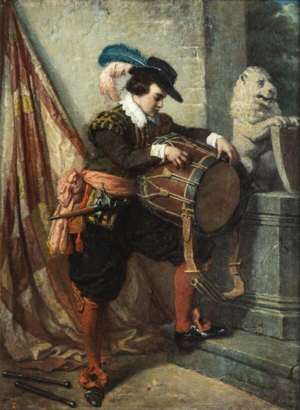 Victor Eeckout (Belgian, 1821-1879) Oil on Beveled Mahogany Panel, Ca. 1860, 'Drummer Boy' H 23" W 18"