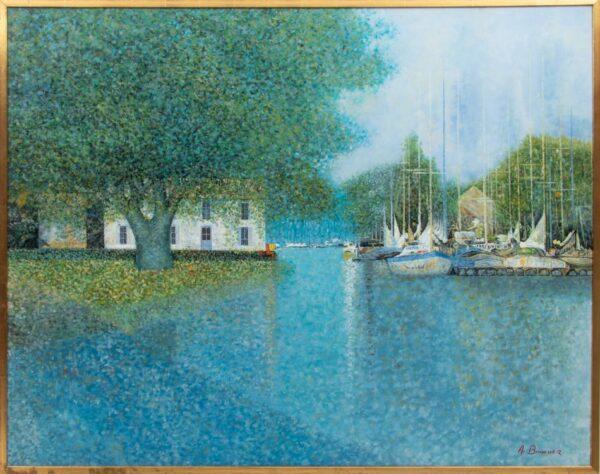 Signed A. Boucher, Oil on Canvas, 'Vista with Docked Sail Boats' H 47" W 59"