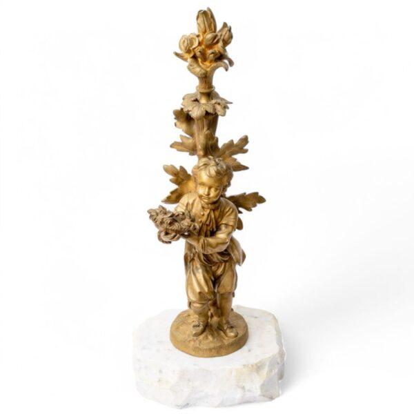 Patinated Bronze Sculpture, 'Boy with Bouquet of Flowers' H 19.8" W 7" Depth 6.5"