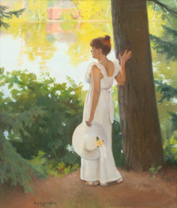 Gary David Hoffmann (American, B. 1947) Oil on Canvas, 1976, 'Woman Standing at the River's Edge' H 26" W 21.5"