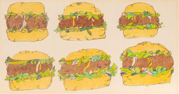 Gordon Newton (American, 1948-2019) Pencil Drawing on Paper 'Hamburgers' H 13" W 24.3"