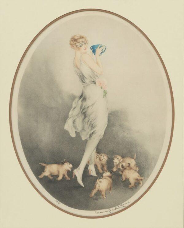 Louis Icart (French, 1888-1950) Aquatint Etching with Color, 1927, 'Petit D?jeuner (Mealtime)' H 17.8" W 13.3"