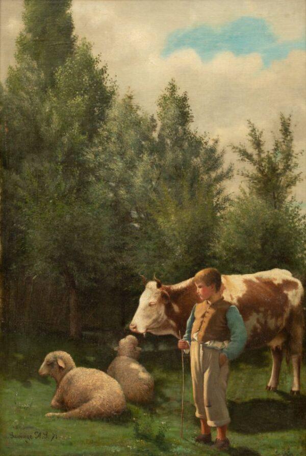 Arsene Symphorien Sauvage (French, 19th C.) Oil on Canvas, 1871, 'Shepherd Boy with Two Sheep And a Cow' H 25" W 17"