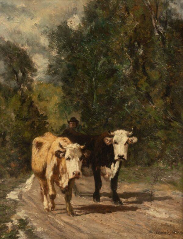 Edward George Sieber (American, B. 1862) Oil on Canvas, 1900, 'Drover with Two Head of Cattle' H 18.5" W 14"