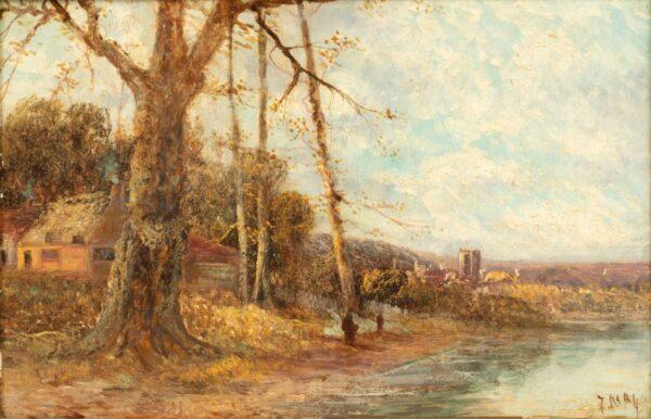 F. May European Oil on Canvas, 19th C., 'Riverside Town' H 12" W 18"