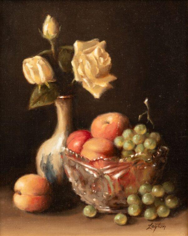 Leyton, Oil on Canvas 'Still Life: Yellow Rose, Grapes, Peach' H 10" W 8"