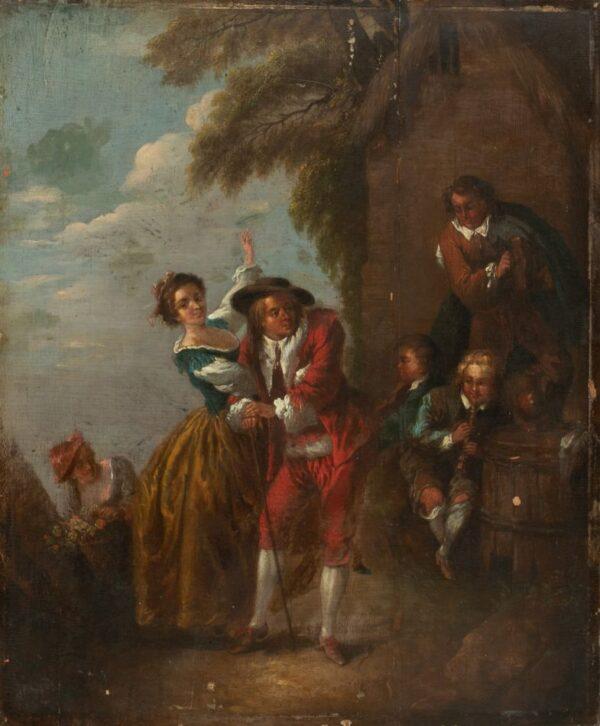 European Oil on Panel, Ca. 18th C., Scene of Courtship H 18.5" W 15"