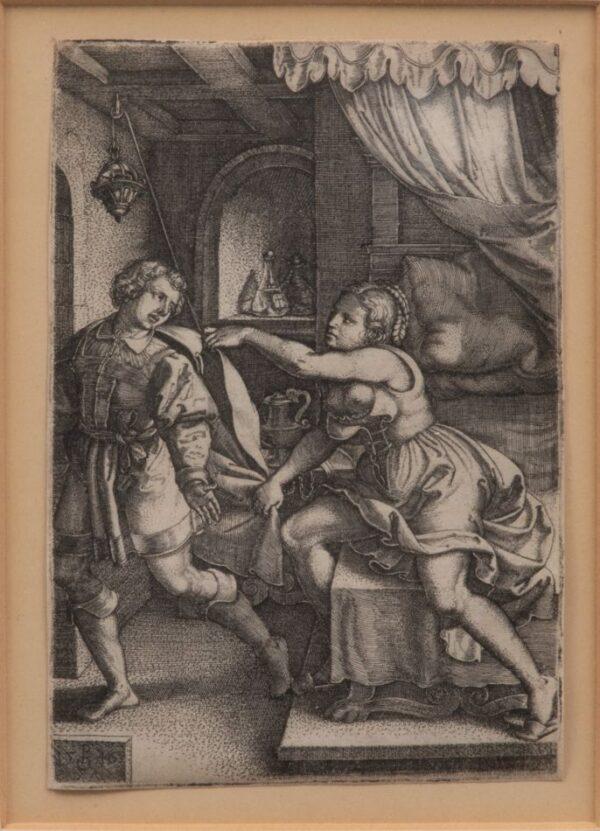 Georg Pencz (German, 1500-1550) Copper Engraving on Laid Paper, Ca. Mid 16th C., 'Joseph And Potiphar's Wife' H 4.5" W 3.1"