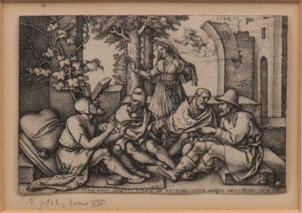 Hans Sebald Beham (German, 1500-1550) Engraving on Laid Paper, Ca. Mid 16th C., 'Job Conversing with His Friends' H 2.8" W 4.1"