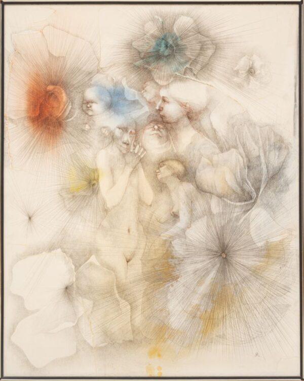 John Gould (American, 1929-10) Silver Point Pen, Pencil, Conte Crayon 'Ancestral Sequence' H 50" W 40"