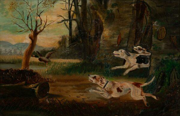 Primitive Oil on Canvas, 19th C., 'Three Hounds And a Mallard' H 10" W 15"
