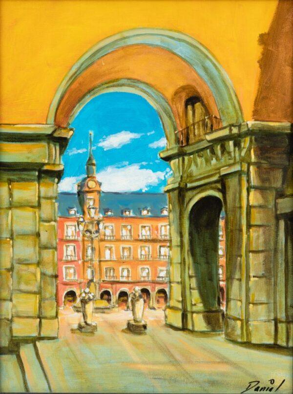 Spanish Acrylic on Canvas, Signed Danial, Late 20th C., 'Plaza Mayor, Madrid' H 16" W 12"