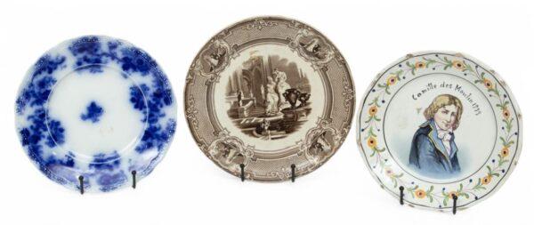 Staffordshire Minerva, French Camille DesMoulin Faience And Flo Blue Plates Dia. 9" 3 PCS