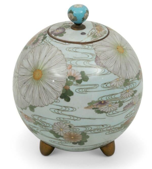 Japanese Meiji Period Cloisonne Covered Jar, Ca. 1900 H 8.8" Dia. 6.5"