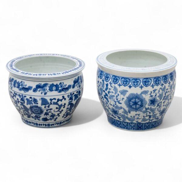 Chinoiserie Blue & White Porcelain Planters, 20th C. H 12" Dia. 14.5" 2 PCS