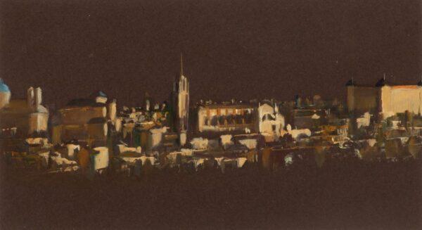 Loli Chiron (Spanish) Oil on Brown Mat Board 'A View of Toledo, Spain, at Night' H 4" W 7.3"